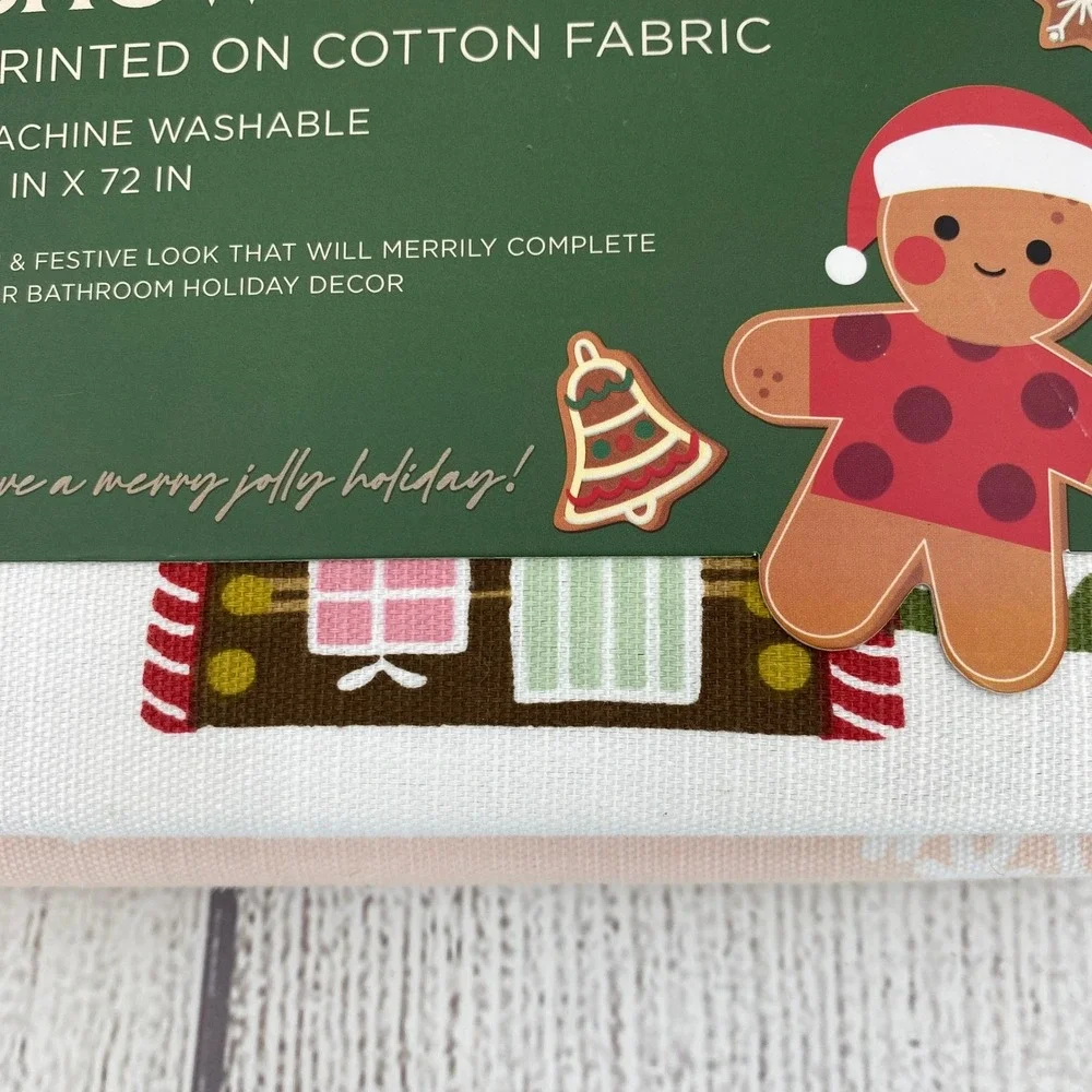 EnVogue Shower Curtain Pink Gingerbread Village Snowflake Holiday Christmas